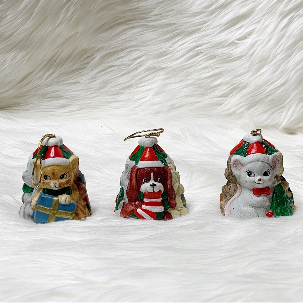 Cats, dogs, and mice three-sided bell ornaments